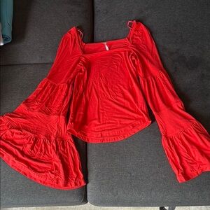 FP Movement Red Ruffled Bell Sleeve Blouse
